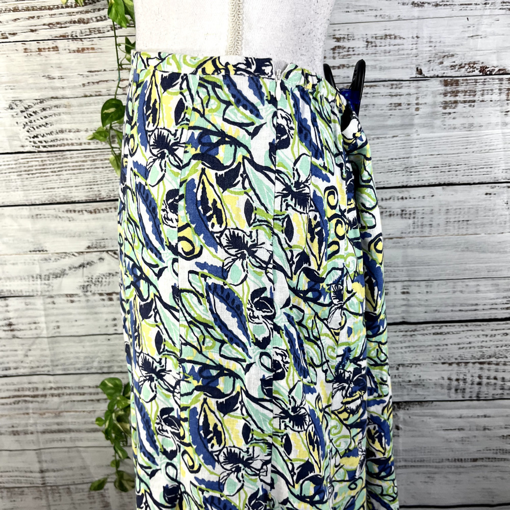 JM Collection Skirt 16 Petite Blue Green Yellow Floral Linen Calf Midi Hawaii - Picture 10 of 13